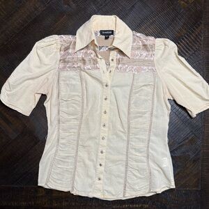 bebe Cream Lace-Detail Button Front Top